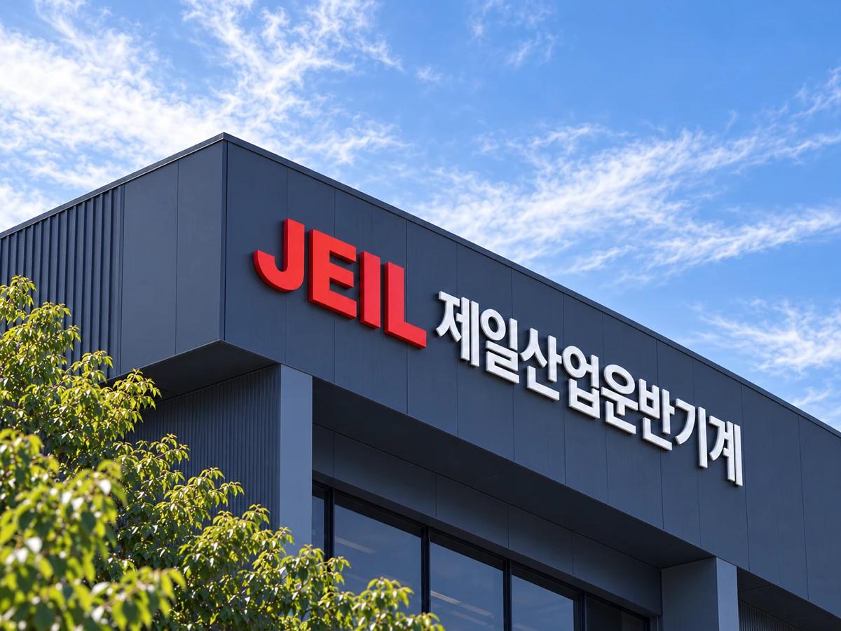 파란 하늘 아래 어두운 남색 공장 외벽 위쪽에 JEIL 제일산업운반기계 입체 글자 간판을 단 건물 모서리를 올려다본 생성 이미지